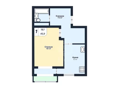 1-к квартира 45.9 м² 9/9 эт., Юбилейная — миниатюра 3